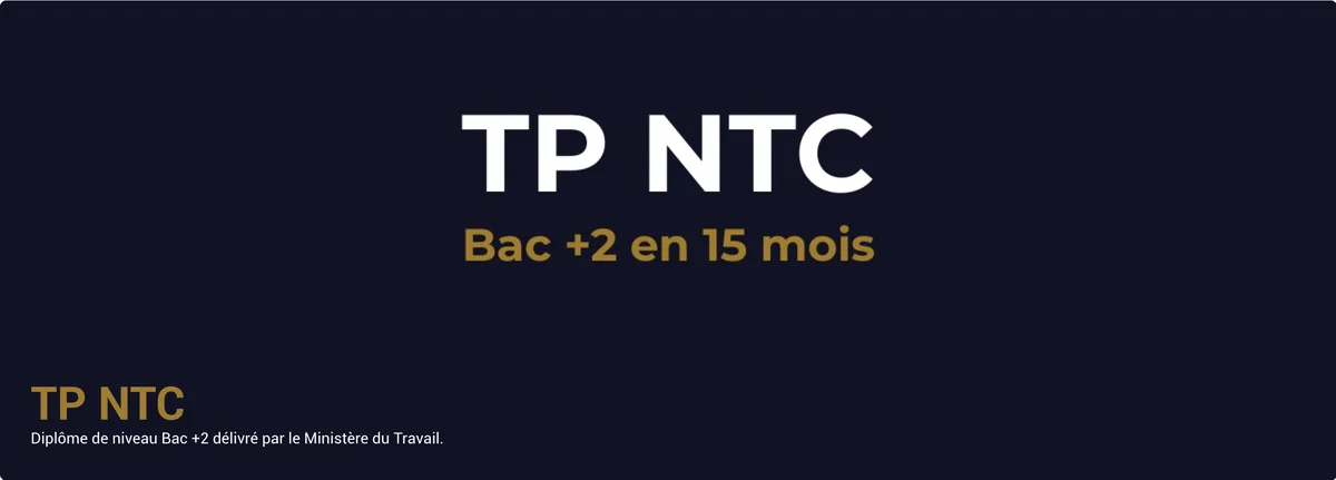 Page d'une cohorte : TP NTC, Bac +2 en 15 mois, diplôme de niveau Bac +2 délivré par le Ministère du Travail.